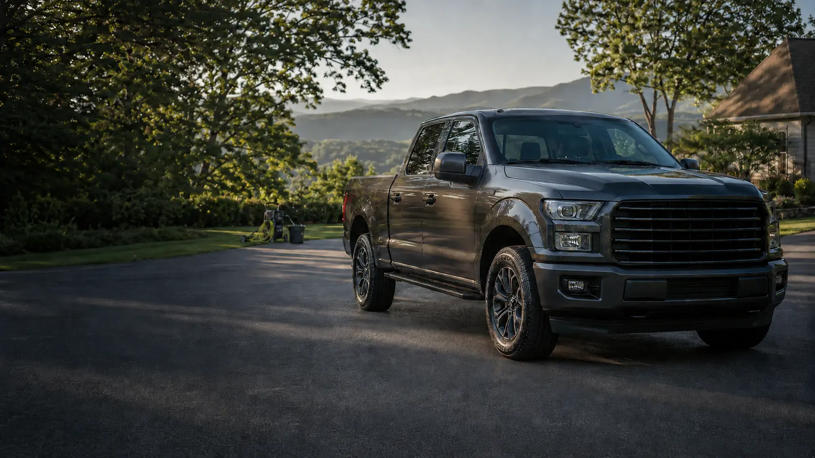 Freshly detailed dark pickup in the East Tennessee foothills